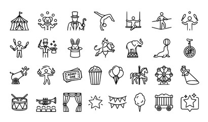 Circus icon set performers animals and attractions in linear style © Nahid