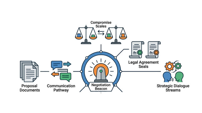Business negotiation flowchart with legal documents and proposal steps.