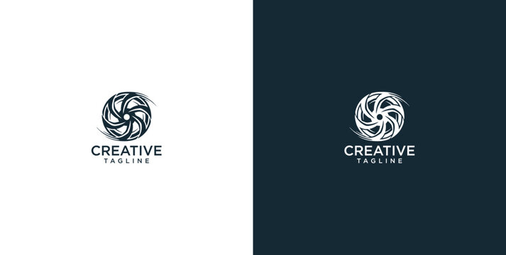 Abstract circular vortex logo design template with spiral lines on dark and light backgrounds