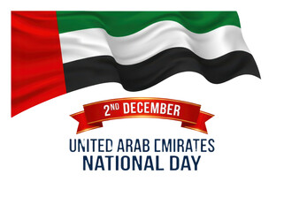 Naklejka premium United arab emirates national day celebration with waving uae flag and red ribbon banner isolated on transparent background