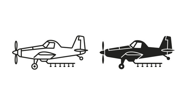 Agricultural Aircraft Icons: Two graphic representations of an agricultural aircraft, one outlined in black and white, the other a solid black silhouette, ready for aerial application in farming.