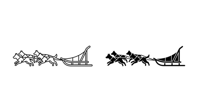 Dog Sled Team Silhouette: A stylized black and white graphic illustration depicts a dog sled team pulling a sled with energetic motion.