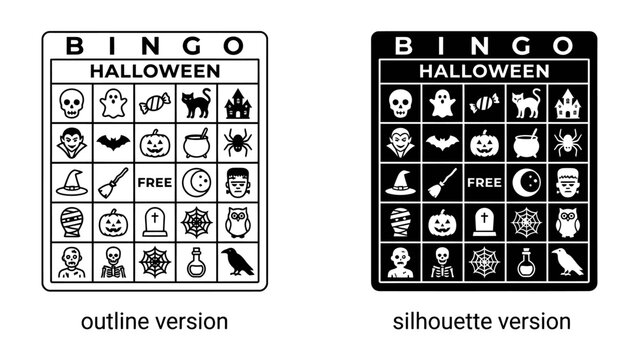 Halloween Bingo Cards: A pair of Halloween-themed bingo cards, one in an outline style and the other as a silhouette, featuring festive icons like skulls, ghosts, pumpkins, and bats for holiday fun.