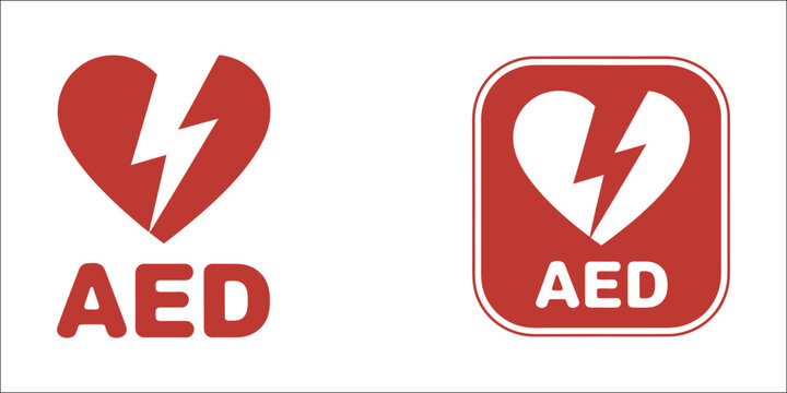 AED emergency medical icon banner with automated external defibrillator symbol for heart rescue equipment, first aid, emergency healthcare, public safety, and warning graphics, vector, designs.