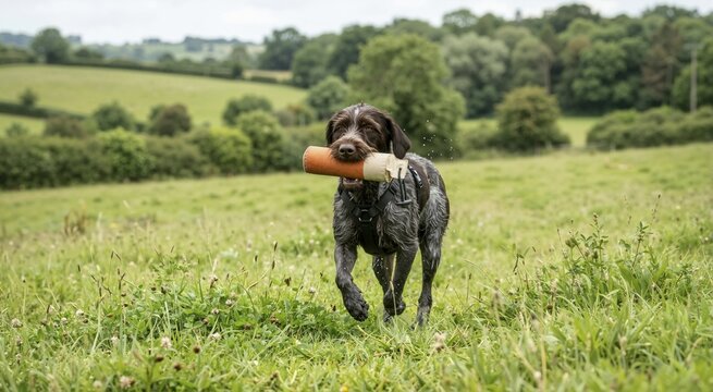 Wirehaired pointing dog running through a grassy field retrieving a training dummy. Active canine wearing a harness playing fetch outdoors