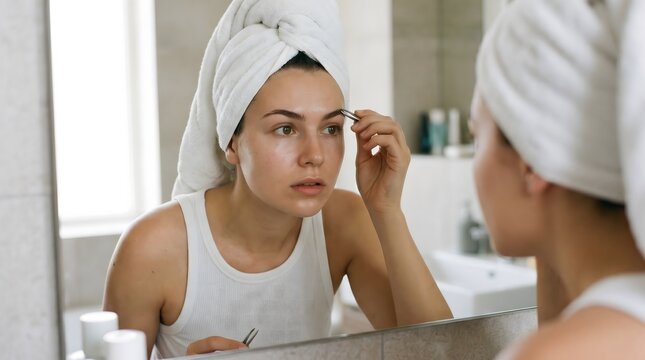 Woman plucking eyebrows in bathroom self care and beauty routine