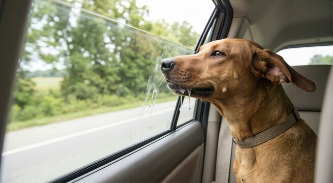 Brown dog looking out a car window with drool smeared on the glass. Pet traveling in the back seat of a vehicle during a road trip
