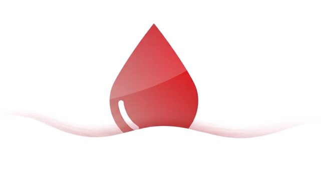 A clean minimalist 2D vector-style animation of a glossy red blood drop icon isolated on a white background. The video features the blood droplet scaling up slightly as a red fluid wave or pulse line 