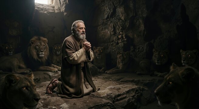 Prophet Daniel praying inside a dark lion den with glowing eyes. Biblical miracle and faith concept. Old Testament hero in a rocky cavern