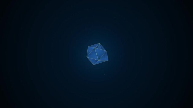 Rotating blue geometric 3D polyhedral shape on a dark background