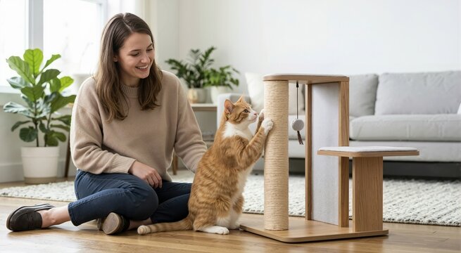 Smiling woman watching orange cat use modern wooden scratching post. Happy female owner sitting on living room floor with pet