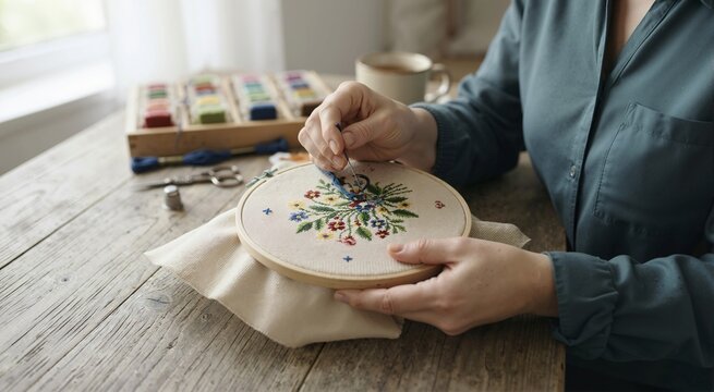 Hands cross-stitching a colorful floral pattern on canvas in a wooden hoop. Traditional needlework and embroidery craft hobby. Wooden table with sewing supplies