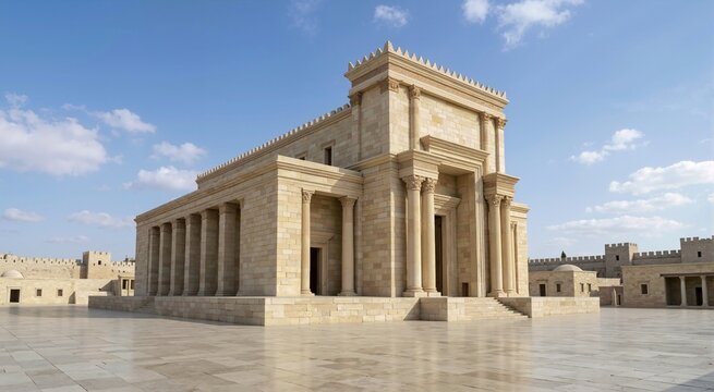 Grand stone temple with tall columns in a wide paved courtyard. Ancient historical architecture under a bright blue sky. Old Testament Solomon theme