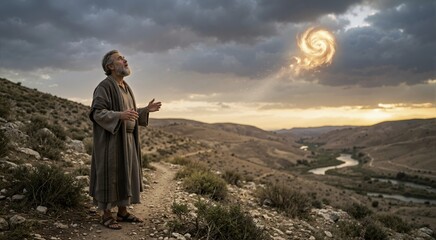 Obraz premium Prophet Elijah looking up as a chariot of fire ascends to heaven. Biblical miracle at sunset on a rocky hillside. Old Testament prophets and divine intervention