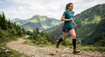 Obraz premium Woman trail running on a rocky dirt path in the mountains. Female athlete wearing compression socks and outdoor sports footwear