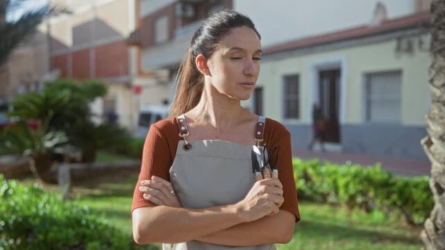 Woman in apron holding trowel and small fork, arms crossed on street in front of a residential building; confidence nurture.