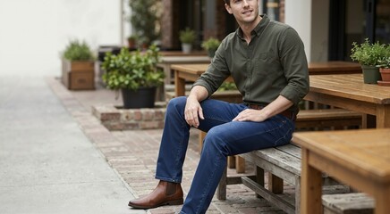 Fototapeta premium Man wearing classic blue denim jeans and brown leather boots sitting on wooden bench. Casual outdoor fashion and urban lifestyle outfit