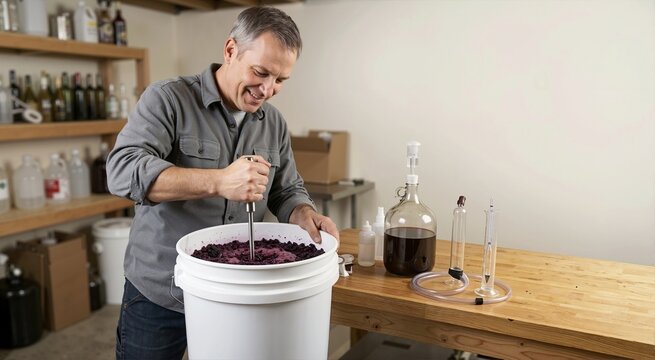 Middle aged man stirring fermenting grapes in a white bucket. Home winemaking hobby concept with glass carboy and hydrometer on a wooden table