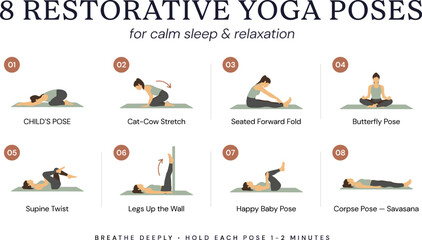 Fototapeta premium 8 Restorative Yoga Poses Infographic with Child Pose, Butterfly, Supine Twist, and Corpse Pose for Sleep and Relaxation Guide