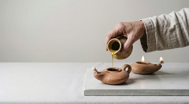 Close up of hand pouring olive oil into small clay lamp. Ancient biblical parable of the ten virgins concept. Lit pottery vessels on white marble slab