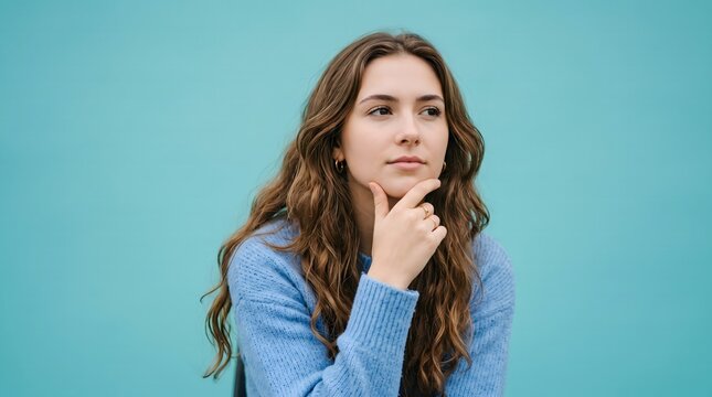Pensive young woman contemplating with hand to chin on teal background