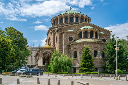 Saint Nedelya Church under a clear blue sky shows its dome and historic design in Sofia Bulgaria