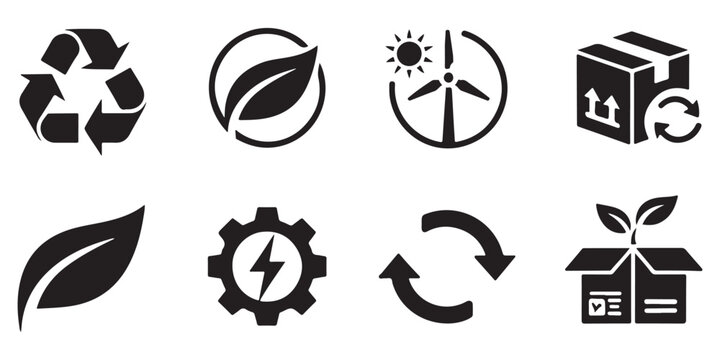 Set of environmental and sustainability icons featuring leaf in circle recycle arrows wind energy and recycled packaging symbols.