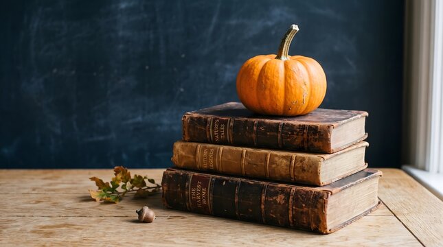 Autumn still life with pumpkin and antique books