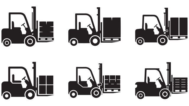 Forklift truck carrying palletized cargo boxes in multiple side view variations, industrial material handling equipment silhouette icon collection
