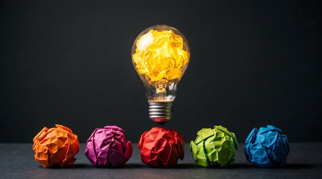 Bright idea lightbulb filled with crumpled paper concepts