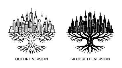Fototapeta premium Urban Roots: A symbolic representation of a city's growth and foundation, with skyscrapers growing from a strong tree root system. Two versions provided: an outline and a silhouette.