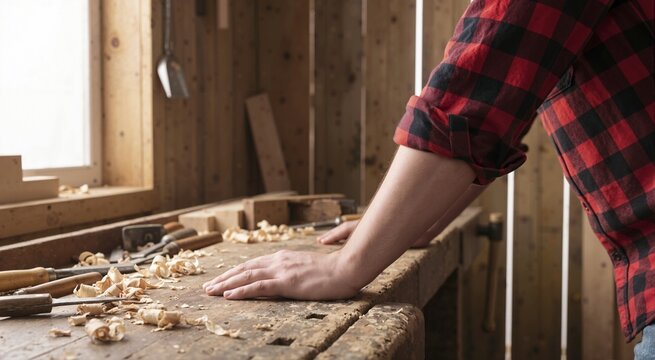 Close up of an arm in a rolled up red plaid flannel shirt resting on a workbench. Carpenter at a wooden table with wood shavings and chisels in a workshop