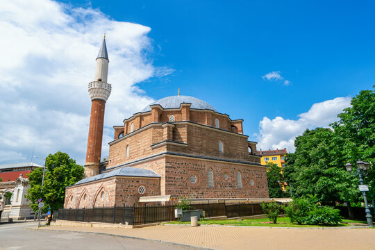 Banya Bashi Mosque with minaret stands under blue sky in Sofia Bulgaria showcasing historical architecture and cultural heritage