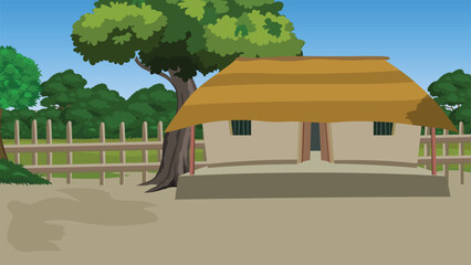Rural residential landscape illustration focusing on a centrally framed mud house with a wide yellow thatched roof next to a single large overhanging tree trunk in an Indian village. © Islam