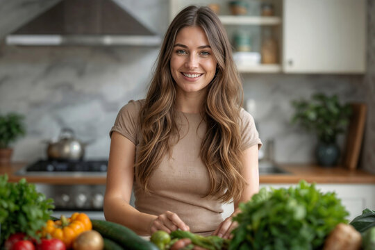 Warm smile greets viewers in a bright kitchen. Long hair flows softly around her shoulders. Fresh vegetables spread across the counter. She holds greens with gentle, inviting hands