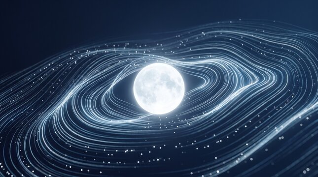 Glowing moon surrounded by flowing energy waves in space with depicts glowing technology futuristic astronomy abstract science digital with starry
