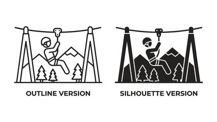 Ziplining Adventure: Outline and silhouette versions of a person ziplining through a mountainous landscape with pine trees, showcasing an exhilarating outdoor activity. © Hasib