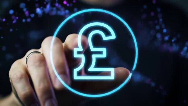 Person touching glowing British pound symbol in futuristic digital interface