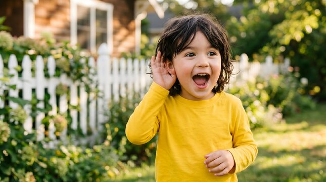 Excited toddler listening intently in a sunny backyard garden scene