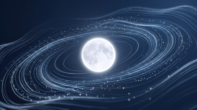 Glowing moon surrounded by flowing energy waves in space with dark blue background tiny dots against encircled flowing depicts glowing particles