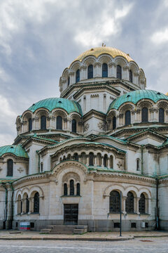 Golden domes and green roofs of Saint Alexander Nevsky Cathedral in Sofia, Bulgaria