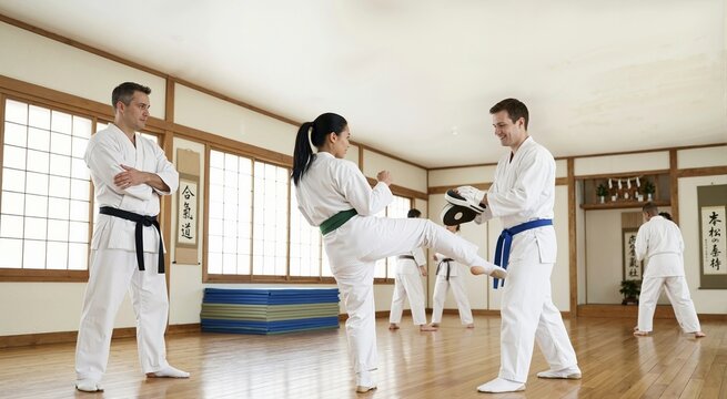 People practicing karate in a traditional dojo. Woman in a white gi performing a kick while instructor watches. Martial arts training and discipline concept