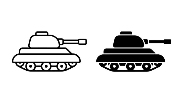Military Tank Icon: Simple vector illustrations of a military tank in outline and solid black style, representing armored warfare and defense.