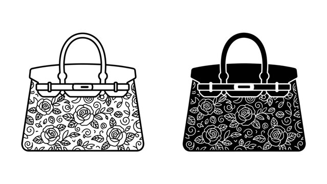 Ornate Handbag Pair: A duo of stylish handbags, one in outline and the other in silhouette, both adorned with intricate floral rose patterns, symbolizing elegance and fashion.