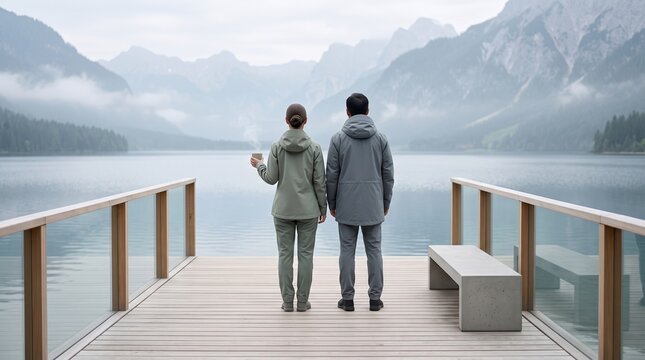 Couple Standing on Dock Overlooking Mountain Lake