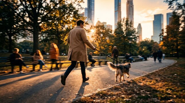 Man Walking Dog in Urban Park at Sunset