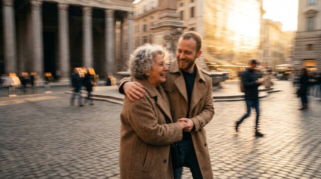 Mature Couple Embracing in Historic European Square at Sunset