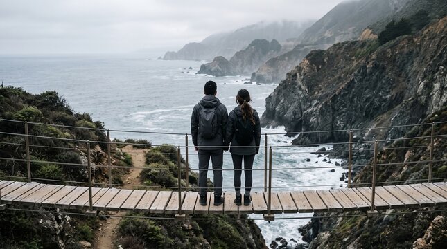 Two Hikers Admiring Dramatic Coastal Cliffs from Wooden Bridge
