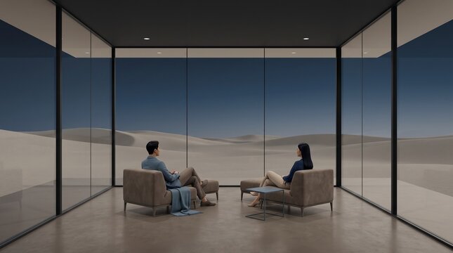 Two People Having Conversation in Modern Desert Minimalist Interior