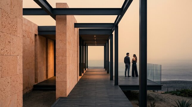 Couple Conversing at Modern Architectural Overlook at Sunset